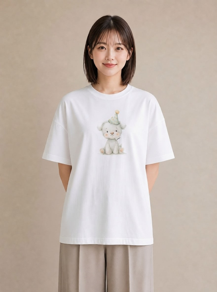 グラフィックTシャツ レディース 子犬 犬 いぬ イラスト きれいめカジュアル 自分用 ルームウェア 白T