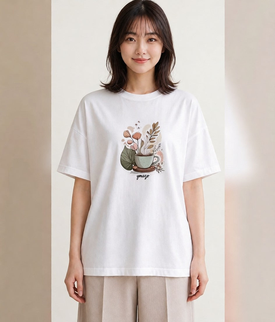 半袖Tシャツ レディース ココア 食べ物 フード イラスト 上品 ラフ レイヤード 白T