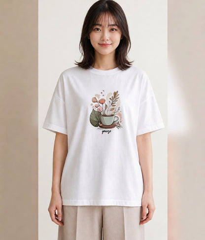 半袖Tシャツ レディース ココア 食べ物 フード イラスト 上品 ラフ レイヤード 白T