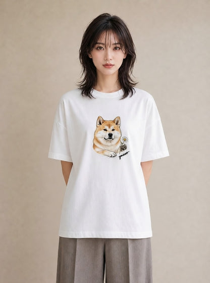 半袖Tシャツ レディース 秋田犬 犬 いぬ イラスト 可愛い 春服 ミセス 白T