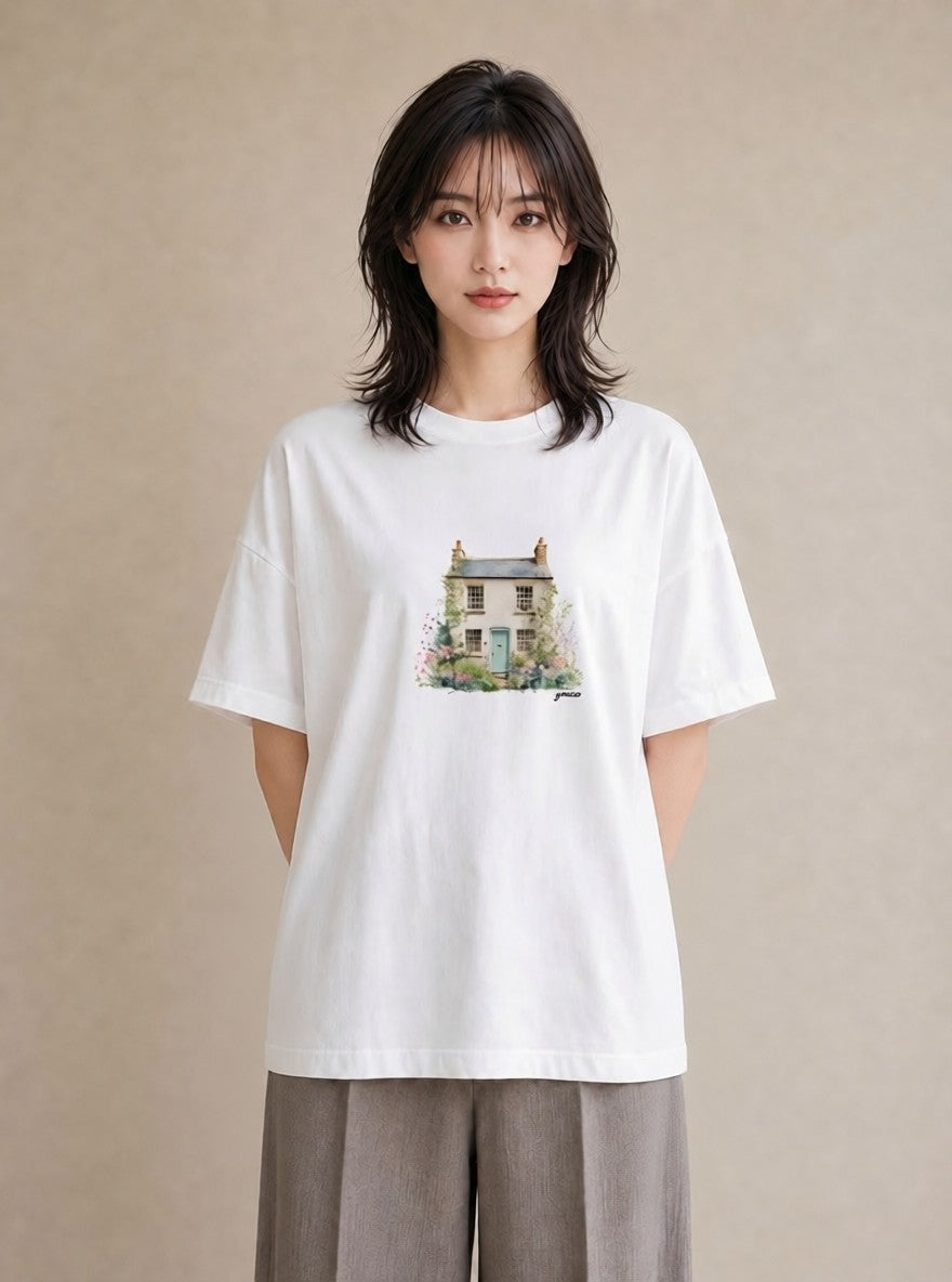 半袖Tシャツ レディース 湖畔の小屋 湖 小屋 ナチュラル アンティーク イラスト 韓国風 ママ カフェ服 白T