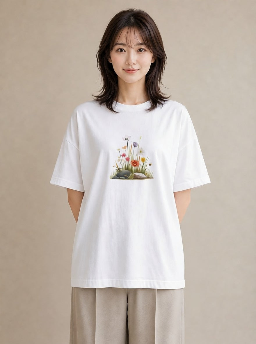 デザインTシャツ レディース ポスト 野の花 レトロ ナチュラル アンティーク イラスト きれいめ お出かけ 普段着 白T