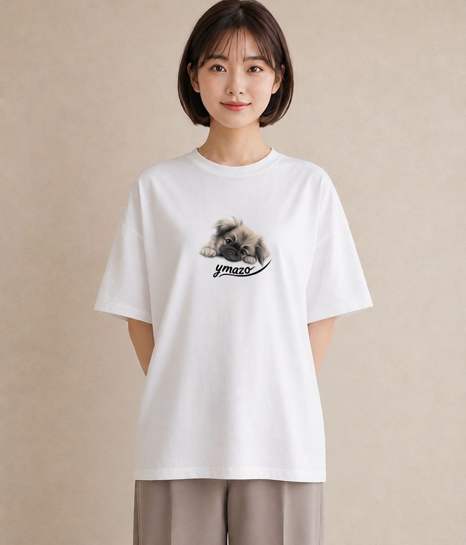 半袖Tシャツ レディース 狆 犬 いぬ イラスト 旅行コーデ お出かけ 普段着 白T