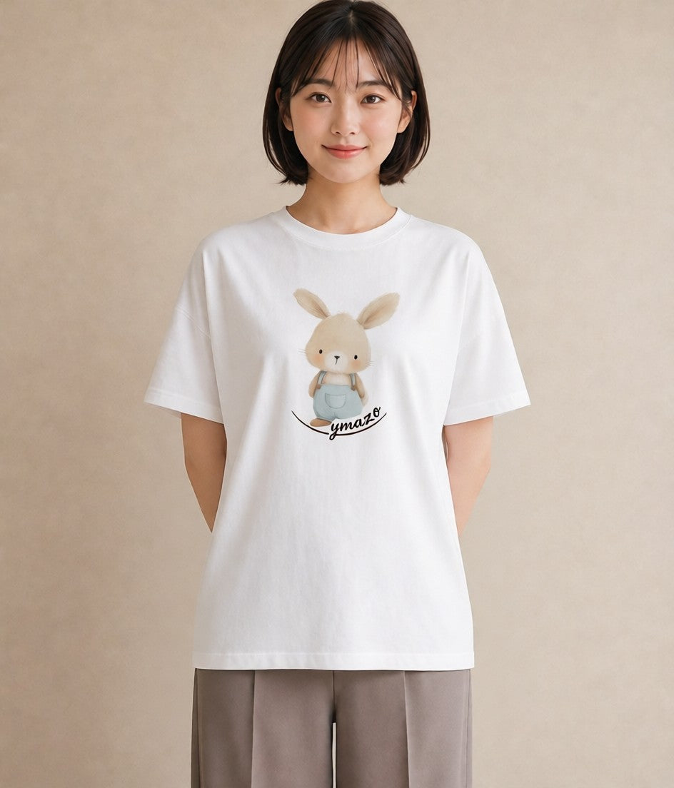 半袖Tシャツ レディース ミニうさぎ ペット 動物 イラスト 線画 ラフ レイヤード 白T