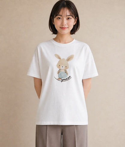 半袖Tシャツ レディース ミニうさぎ ペット 動物 イラスト 線画 ラフ レイヤード 白T