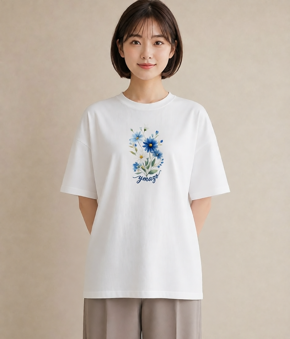 半袖Tシャツ レディース デイジー 花 花柄 イラスト 線画 ビーチ デイリーウェア 白T