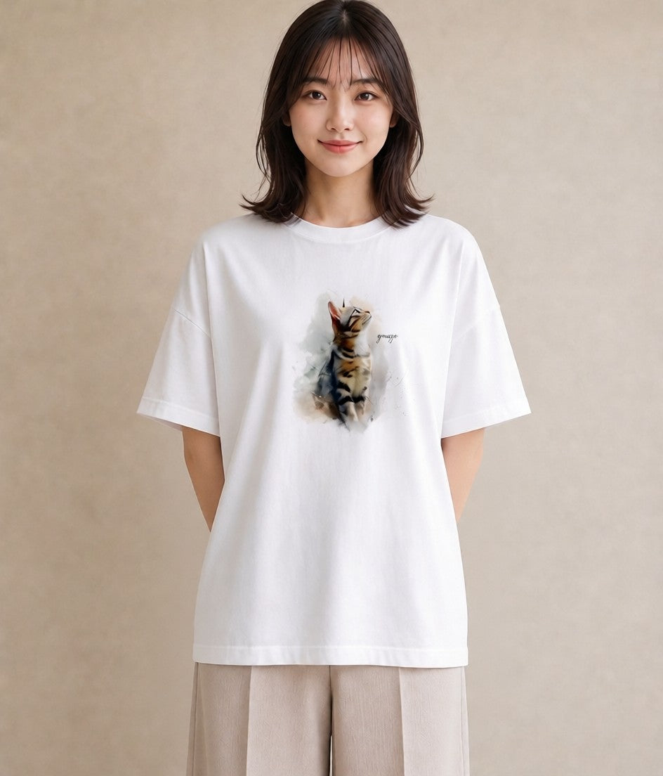 デザインTシャツ レディース メインクーン 猫 ねこ イラスト 韓国風 母の日 ビーチ 白T