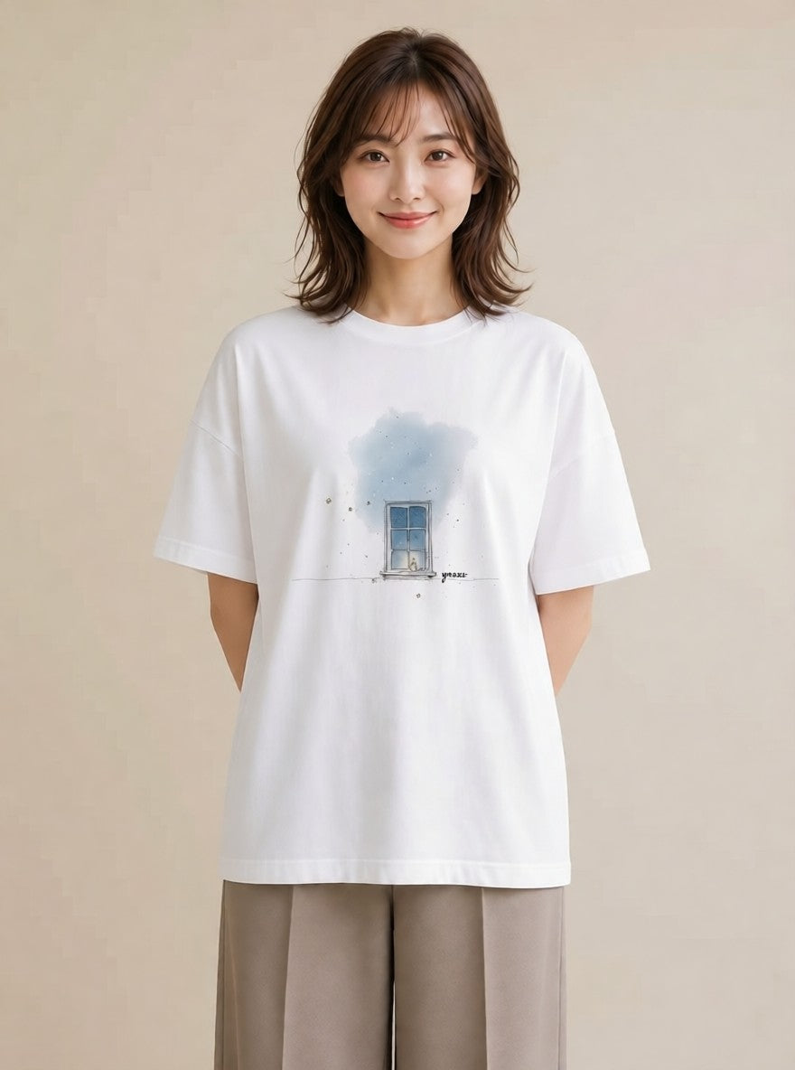 Tシャツ レディース 夕暮れ バルコニー 夕焼け ナチュラル アンティーク イラスト 線画 旅行用 海 白T