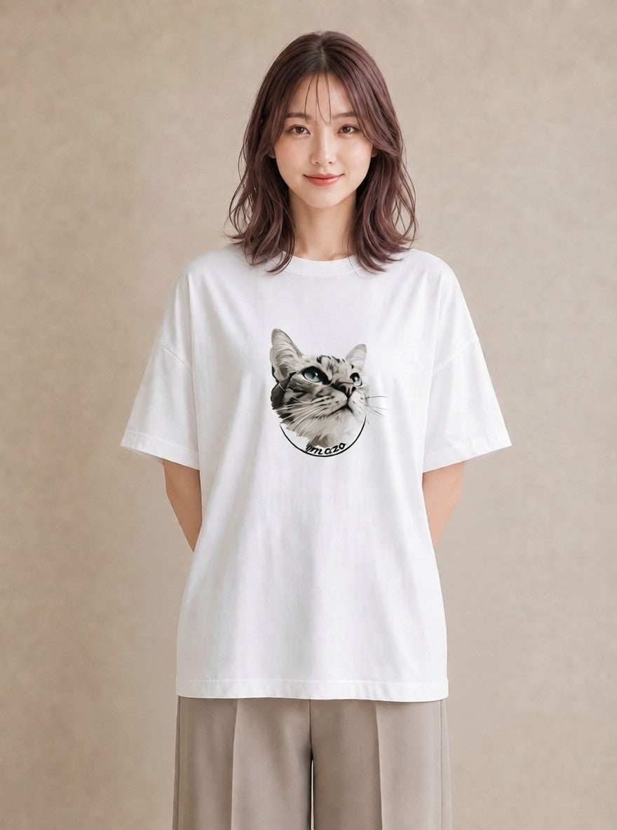 プリントTシャツ レディース シャム柄 猫 ねこ イラスト こなれ感 ミセス 春コーデ 白T