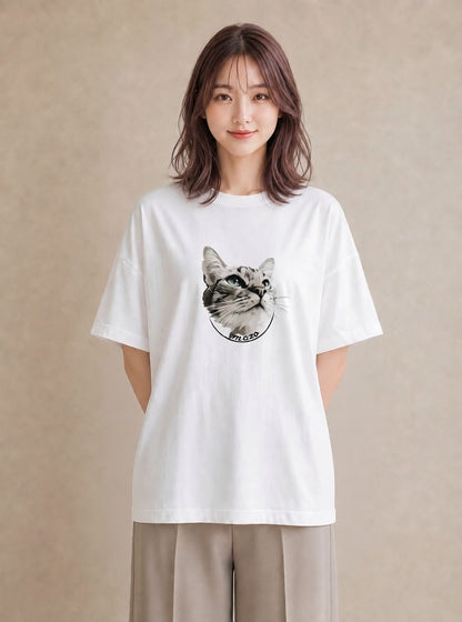 プリントTシャツ レディース シャム柄 猫 ねこ イラスト こなれ感 ミセス 春コーデ 白T