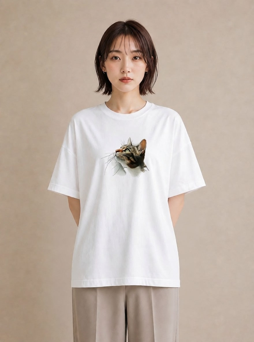 グラフィックTシャツ レディース 猫 ねこ イラスト 北欧風 旅行用 海 白T