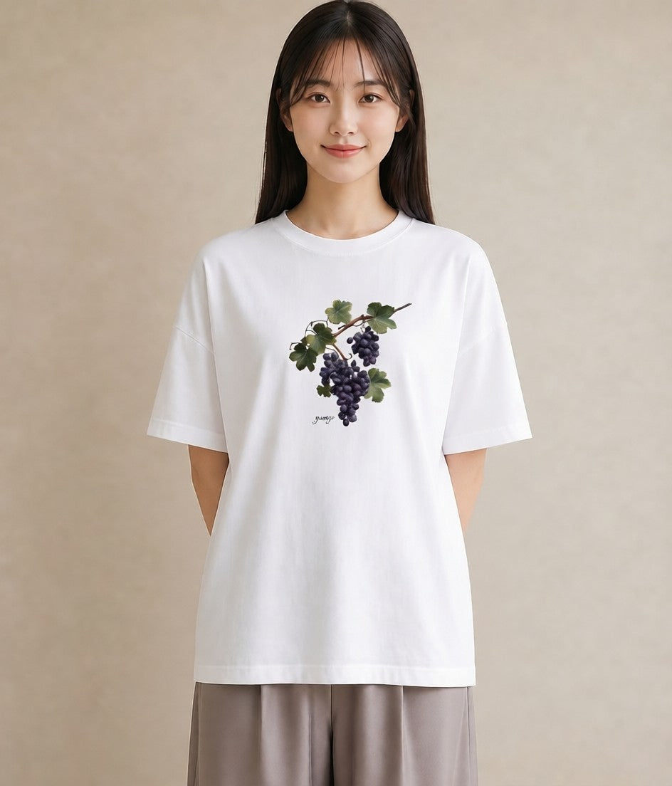 デザインTシャツ レディース ぶどう 葡萄 食べ物 フード イラスト カジュアル ママ カフェ服 白T