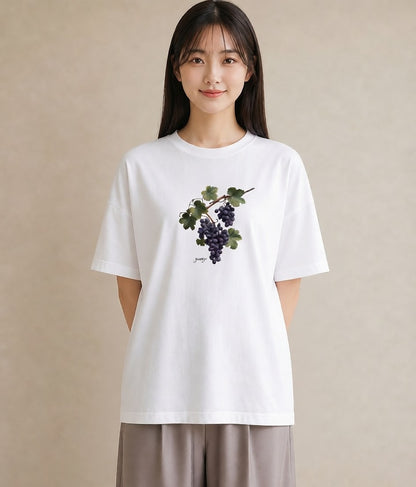 デザインTシャツ レディース ぶどう 葡萄 食べ物 フード イラスト カジュアル ママ カフェ服 白T