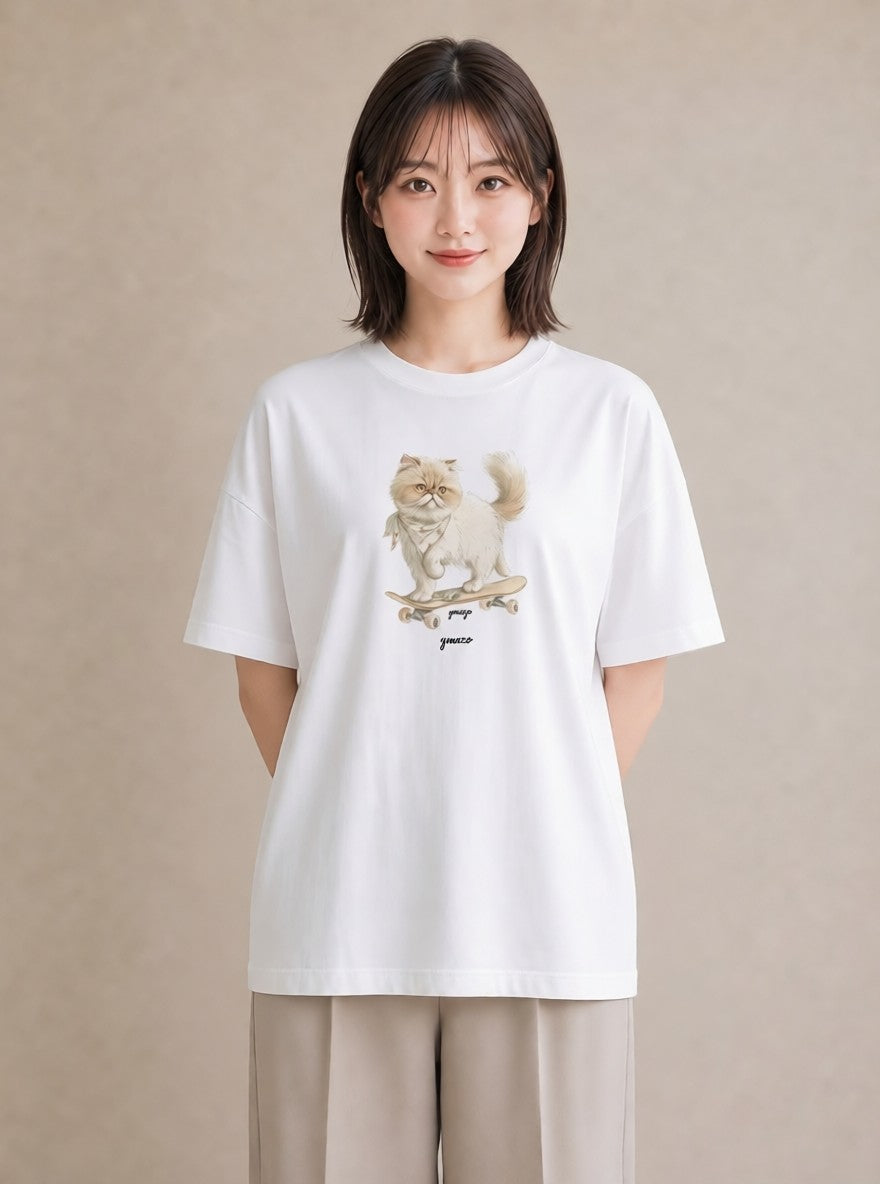 デザインTシャツ レディース エキゾチックショートヘア 猫 ねこ イラスト シンプル 通勤 在宅 白T