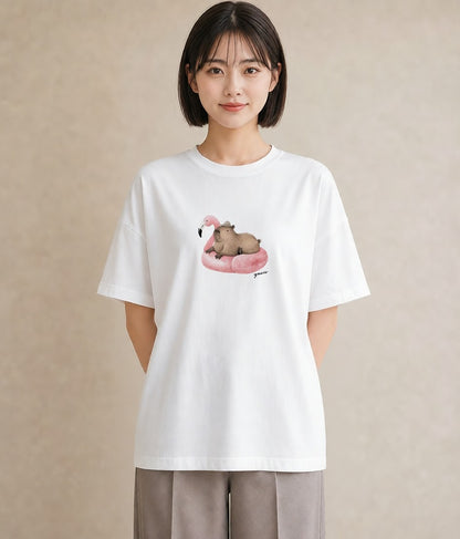 半袖Tシャツ レディース カピバラ かぴばら 動物 アニマル イラスト ニュアンス 親子 20代 白T