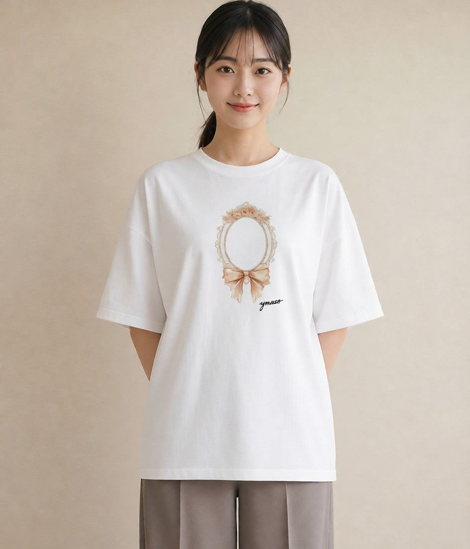 デザインTシャツ レディース 手鏡 アンティーク レトロ ナチュラル イラスト おしゃれギフト 社会人 白T