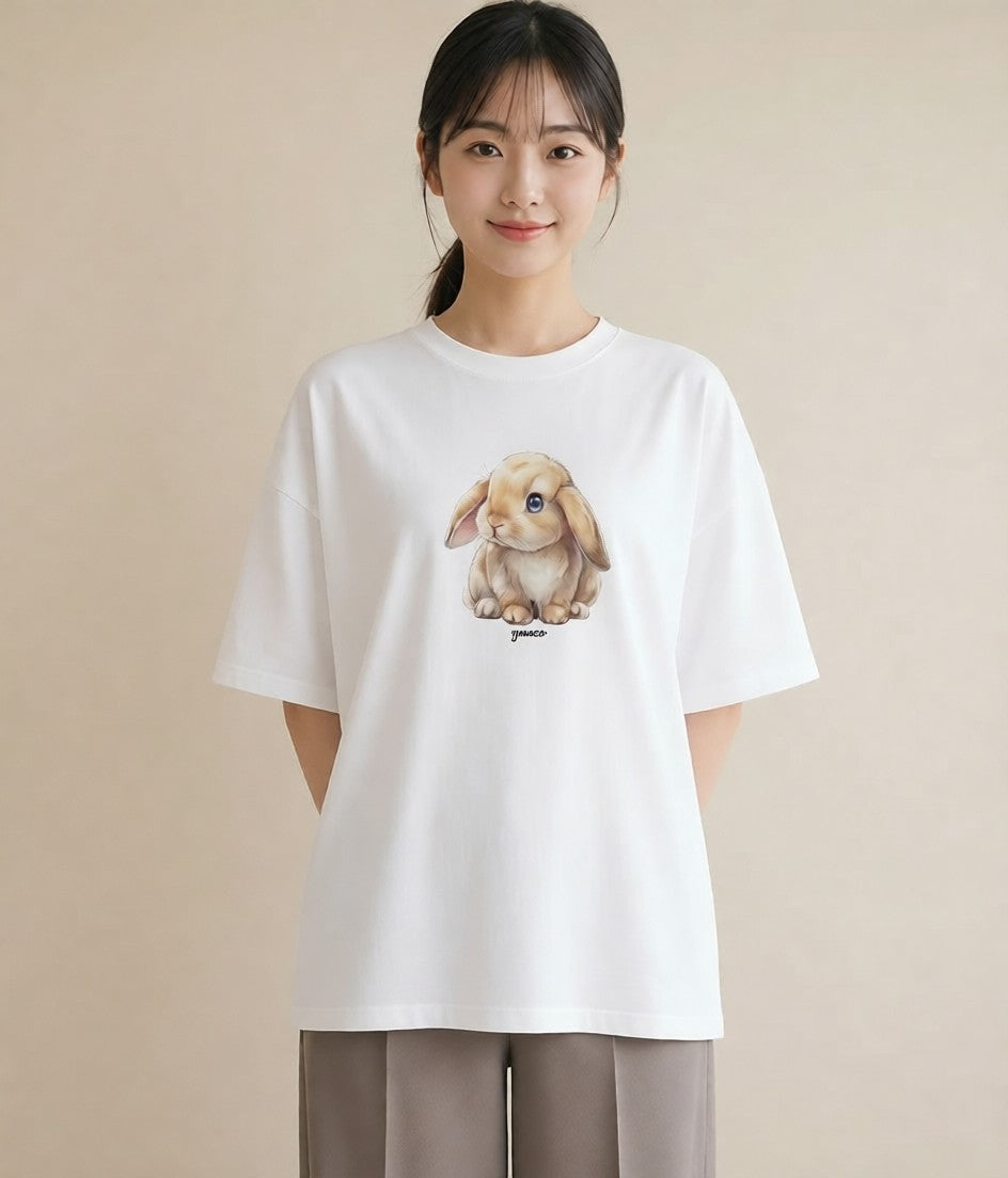 プリントTシャツ レディース ライオンラビット ペット 動物 イラスト ゆるコーデ 普段着 週末コーデ 白T