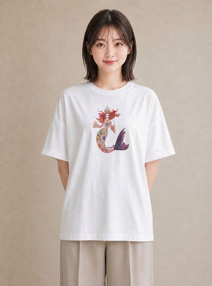 Tシャツ レディース 人魚 海の生き物 海 イラスト シンプル ミセス 春コーデ 白T