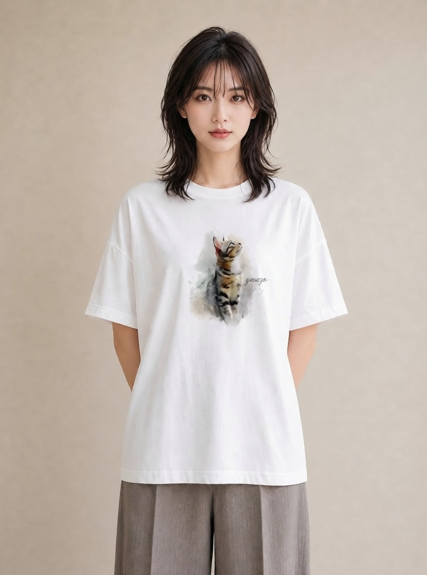 デザインTシャツ レディース 猫 ねこ イラスト 休日コーデ ペアコーデ 秋コーデ 白T