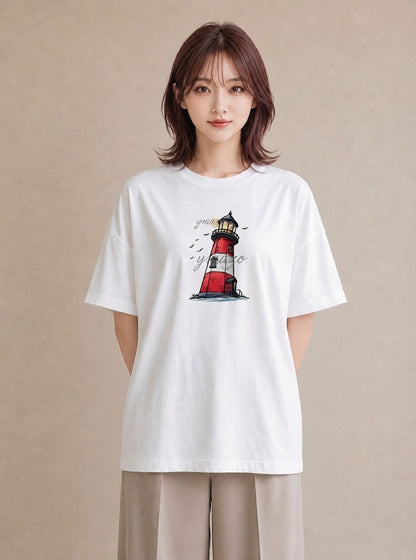 デザインTシャツ レディース 灯台 霧 海 ナチュラル アンティーク イラスト 手描き風 ホワイトデー 春服 白T