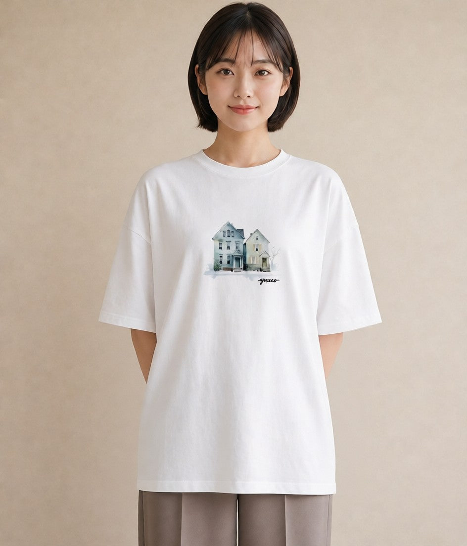 グラフィックTシャツ レディース 湖畔の小屋 湖 小屋 ナチュラル アンティーク イラスト ラフカジュアル 女性 旅行用 白T