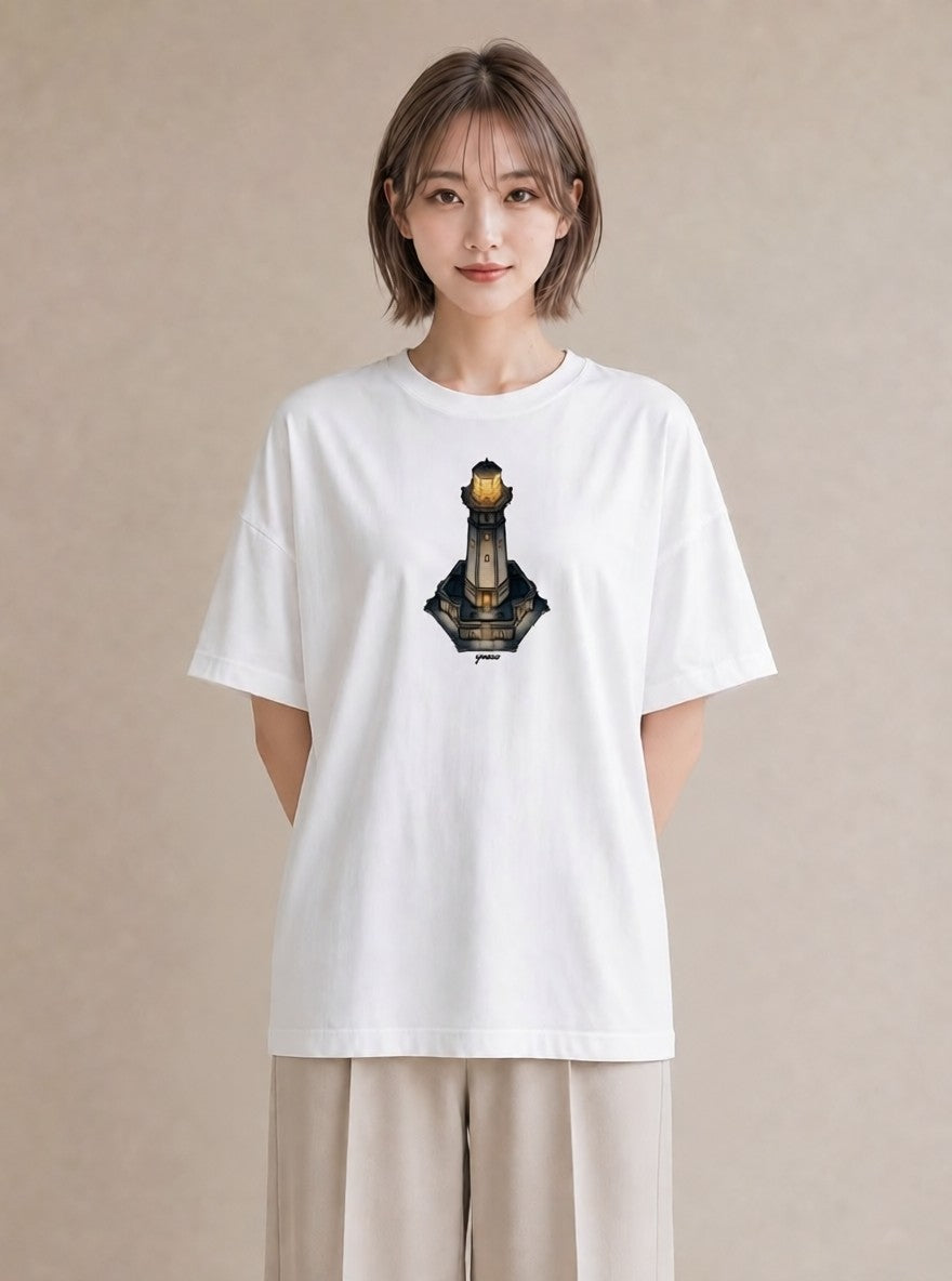 デザインTシャツ レディース 灯台 霧 海 ナチュラル アンティーク イラスト 抜け感 通学 誕生日プレゼント 白T