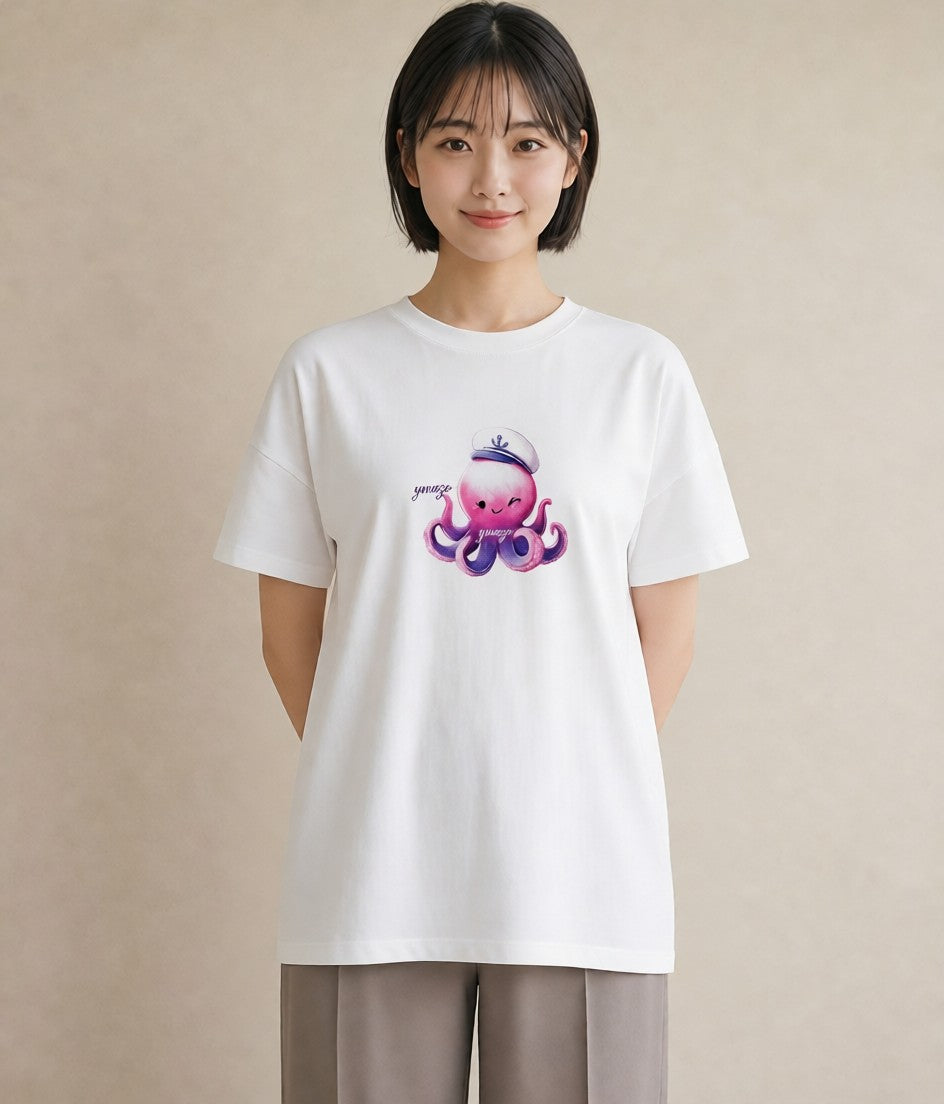 デザインTシャツ レディース タコ 海の生き物 海 イラスト カフェコーデ 休日 ペアコーデ 白T