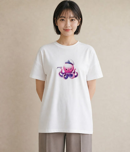 デザインTシャツ レディース タコ 海の生き物 海 イラスト カフェコーデ 休日 ペアコーデ 白T