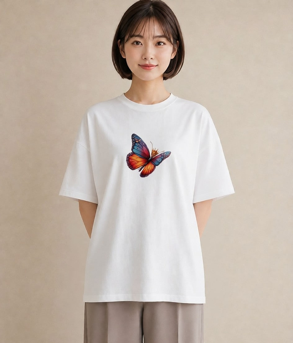 半袖Tシャツ レディース ちょうちょ 蝶 バタフライ 昆虫 虫 イラスト 春服 ミセス 白T