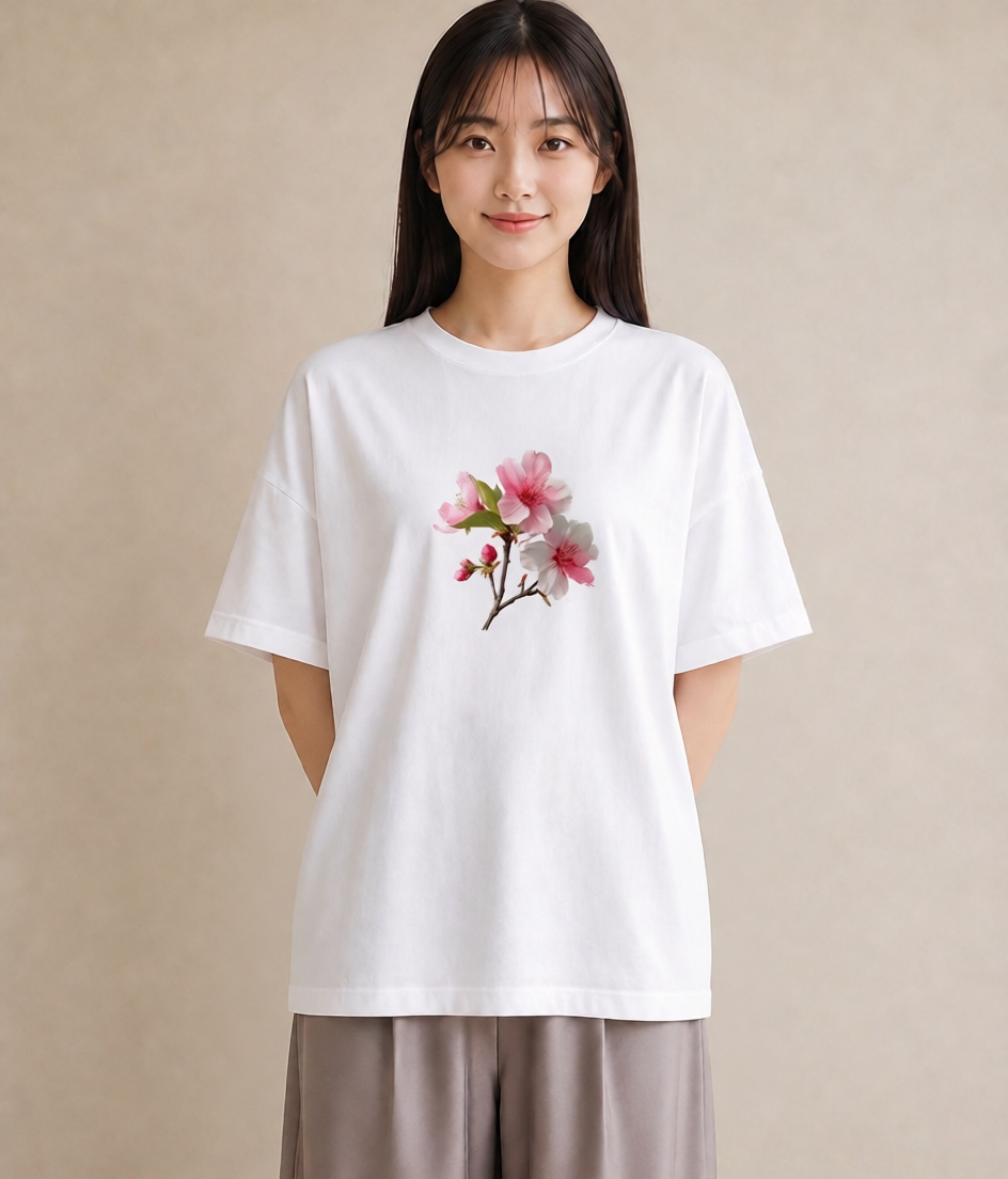 半袖Tシャツ レディース 梅 花 花柄 イラスト きれいめ 週末コーデ 敬老の日 白T