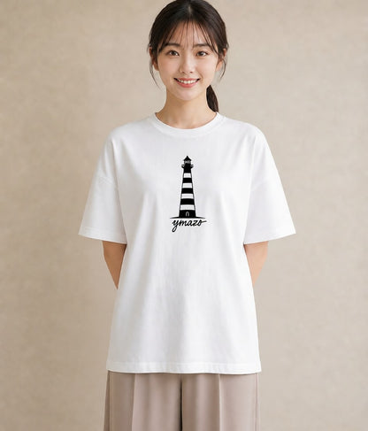 プリントTシャツ レディース 灯台 霧 海 ナチュラル アンティーク イラスト 淡色 ミセス 春コーデ 白T