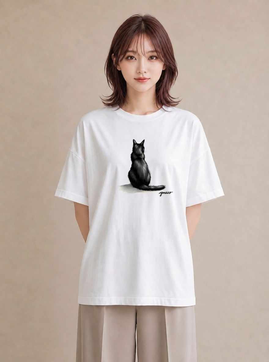 Tシャツ レディース 黒猫 猫 ねこ イラスト ユニーク 散歩 お出かけ 白T
