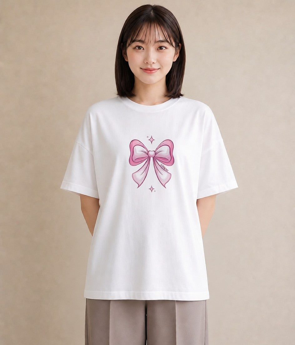 プリントTシャツ レディース リボン 蝶結び ナチュラル アンティーク イラスト ゆるかわ ホワイトデー 春服 白T