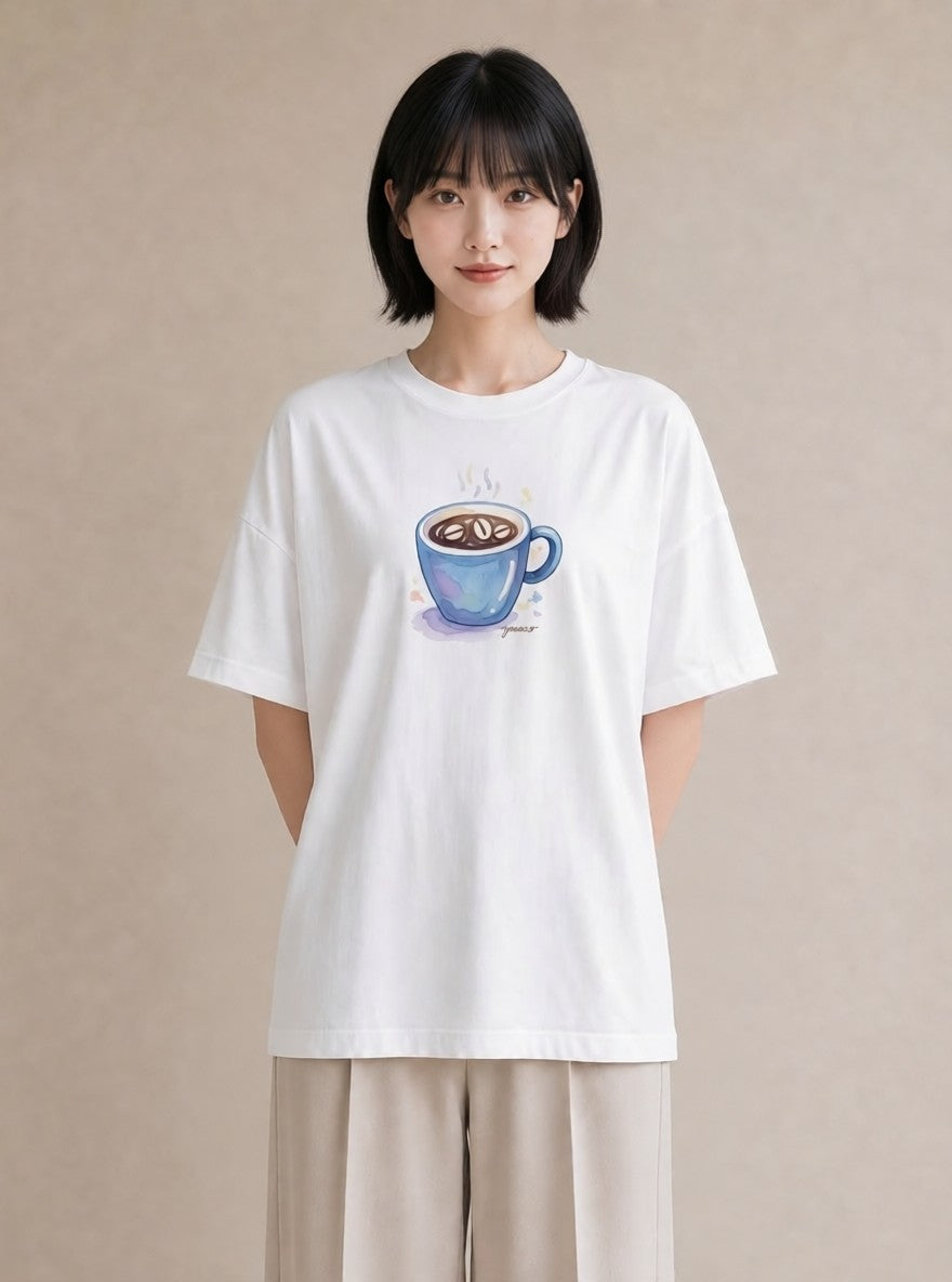 半袖Tシャツ レディース コーヒー カフェ 珈琲 イラスト 普段使い クリスマス 旅行 白T
