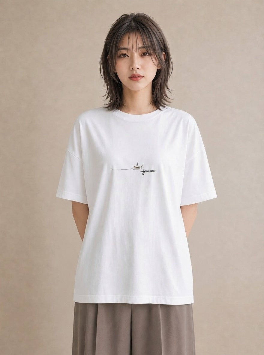 グラフィックTシャツ レディース 桟橋 水辺 波止場 ナチュラル アンティーク イラスト ポップ カジュアルコーデ 買い物 白T