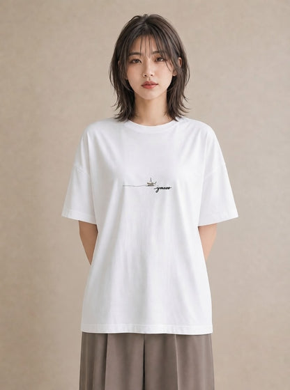 グラフィックTシャツ レディース 桟橋 水辺 波止場 ナチュラル アンティーク イラスト ポップ カジュアルコーデ 買い物 白T