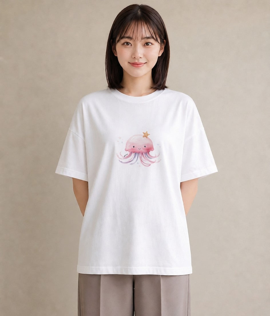 プリントTシャツ レディース くらげ クラゲ 海の生き物 海 イラスト 淡色 ビーチ デイリーウェア 白T