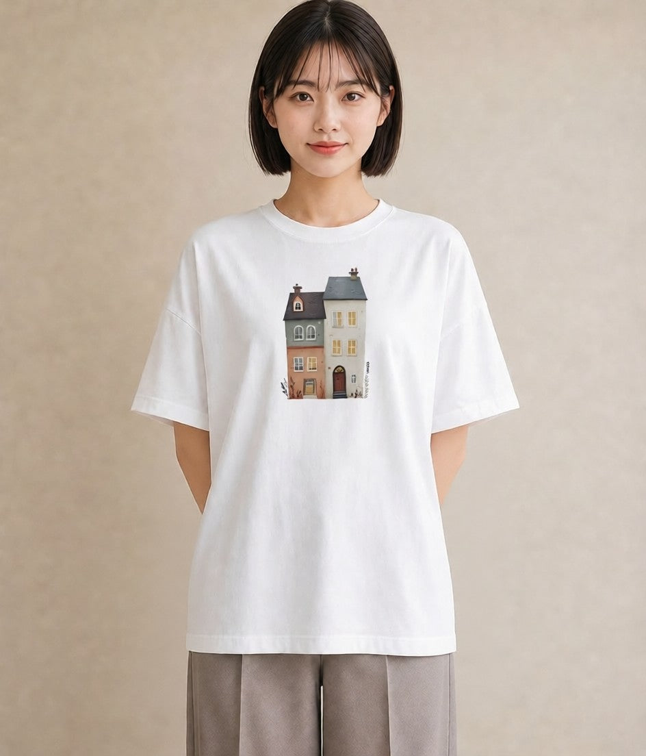デザインTシャツ レディース 夕暮れ バルコニー 夕焼け ナチュラル アンティーク イラスト ゆるコーデ 旅行 母娘コーデ 白T