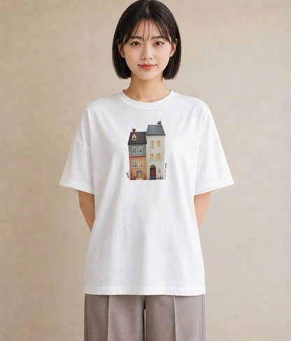 デザインTシャツ レディース 夕暮れ バルコニー 夕焼け ナチュラル アンティーク イラスト ゆるコーデ 旅行 母娘コーデ 白T
