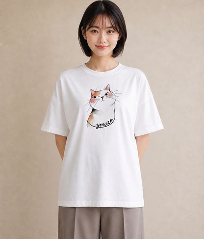 プリントTシャツ レディース 白猫 猫 ねこ イラスト ゆるコーデ 海 カフェ巡り 白T
