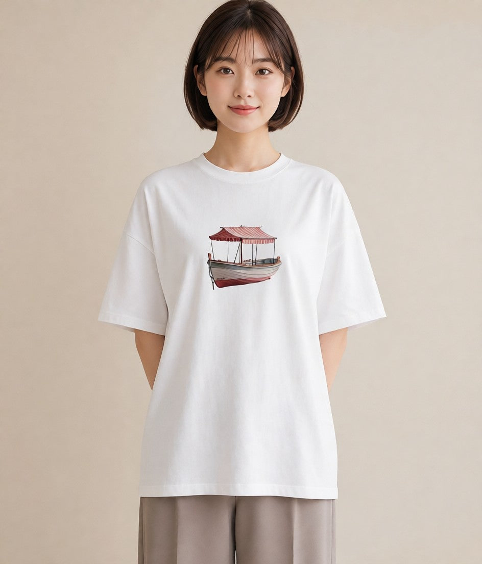 デザインTシャツ レディース 紙の船 水辺 ナチュラル アンティーク イラスト カフェコーデ 親子 20代 白T