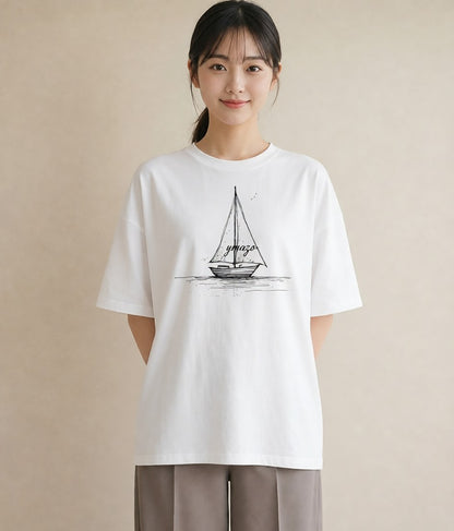 半袖Tシャツ レディース 桟橋 水辺 波止場 ナチュラル アンティーク イラスト きれいめ 自分用 ルームウェア 白T