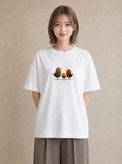 Tシャツ レディース 遠い家と鳥 風景 鳥 ナチュラル アンティーク イラスト シック 公園 ママ 白T