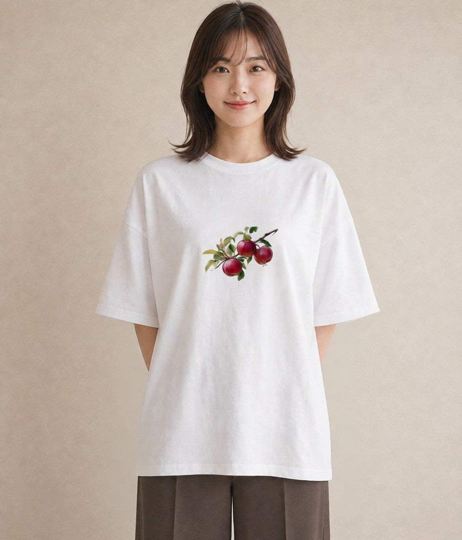 プリントTシャツ レディース りんご 林檎 アップル 食べ物 フード イラスト こなれ感 カフェ巡り 女子会 白T