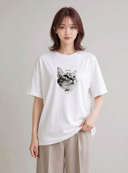 プリントTシャツ レディース 猫 ねこ イラスト ユニーク レイヤード 友達ギフト 白T