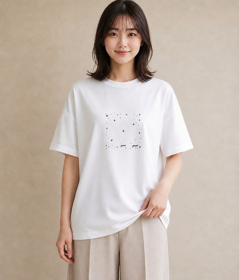 デザインTシャツ レディース 月と星 星空 ムーン イラスト きれいめ 通勤 在宅 白T