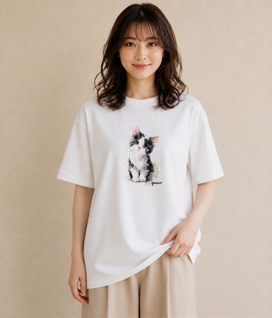 半袖Tシャツ レディース 三毛猫 みけねこ 三毛 猫 ねこ イラスト フェミニン 散歩 お出かけ 白T