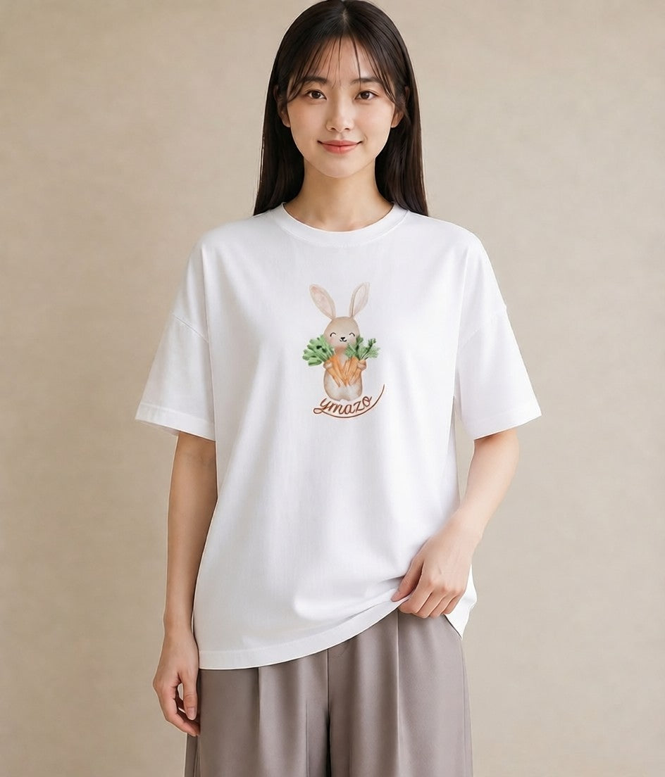 Tシャツ レディース ウサギ系野生 動物 アニマル イラスト 在宅 公園 白T