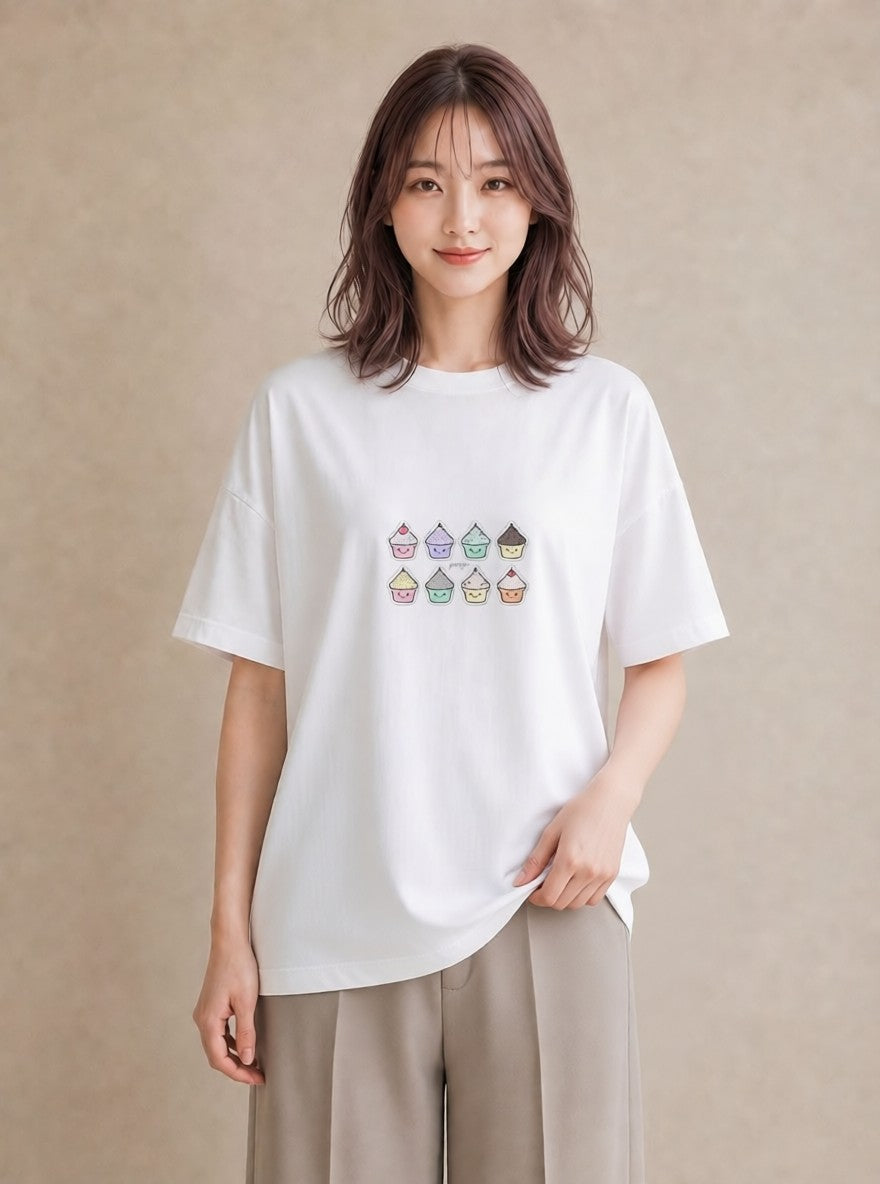 半袖Tシャツ レディース マフィン 食べ物 フード イラスト お洒落 自分用 ルームウェア 白T
