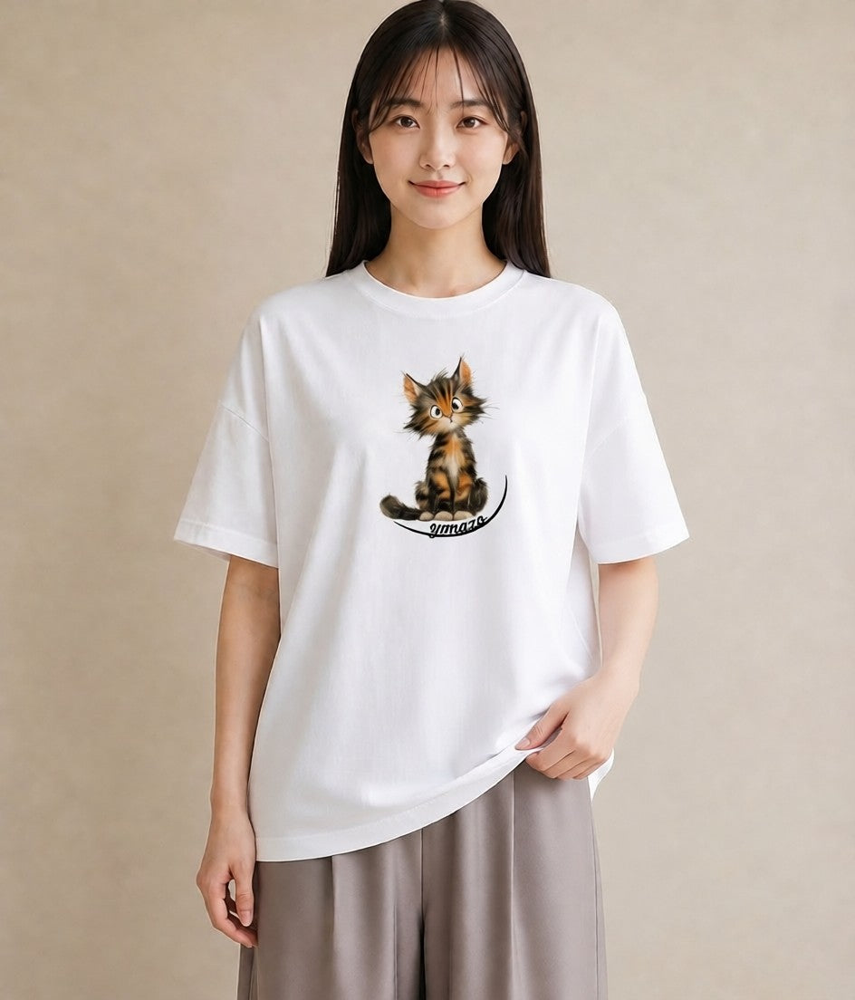 デザインTシャツ レディース サバトラ 猫 ねこ イラスト ラフ 海 カフェ巡り 白T